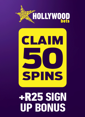 Hollywoodbets — claim 50 free spins + R25 sign-up bonus